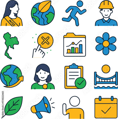 Vector business and office icons with charts, calendar, plant, globe, worker, woman profile, and teamwork signs. Ideal for corporate, education, and office-related projects.
