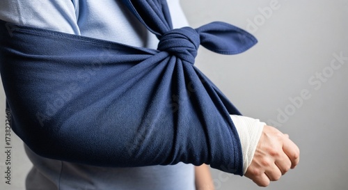 Man with injured arm in sling wearing blue shirt on gray background  