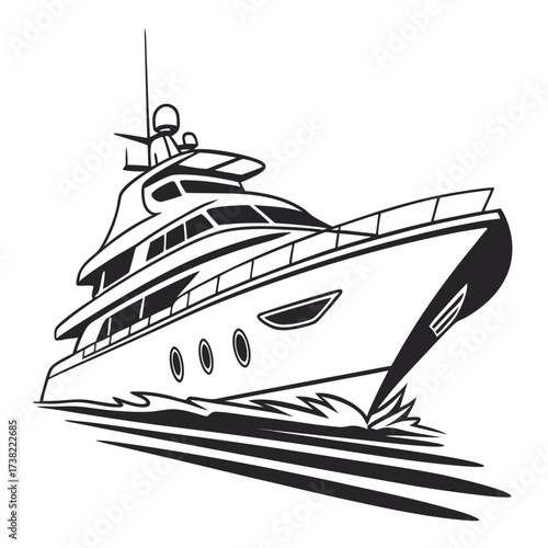 Sleek modern luxury yacht cruising through the water creating a dynamic wake graphic illustration