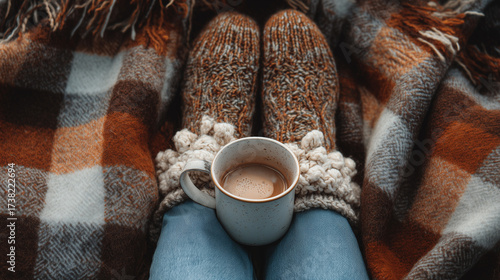 Embrace the serene comfort of a cozy autumn or winter morning, snuggled under a warm plaid blanket with stylish knitted socks and a steaming cup of your favorite beverage, perfect for a moment 