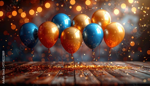 Festive scene with shiny helium balloons in gold, orange and blue colors, standing