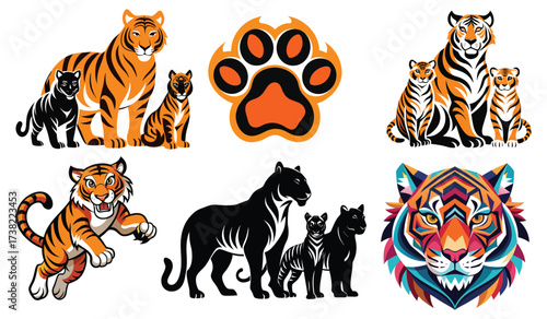 A cute set of funny cartoon tiger cubs, with striped black and orange fur, isolated vector illustration