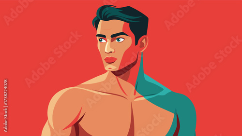 A magazine cover showcases a male model with a perfectly toned body sending the message that this is the accepted standard of attractiveness for men.. Vector illustration