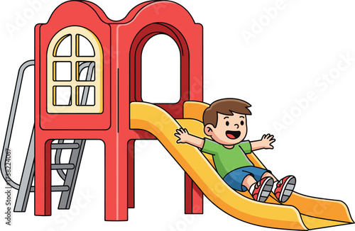 Cartoon child sliding down colorful playground slide structure, joyful outdoor activity illustration for kids’ recreation and educational content