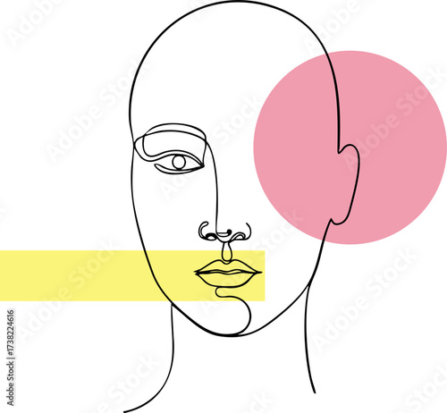 Abstract woman's face in a continuous one-line drawing, accented with bold pink and yellow geometric shapes. A modern, minimalist composition for contemporary wall art, posters, and stylish branding.