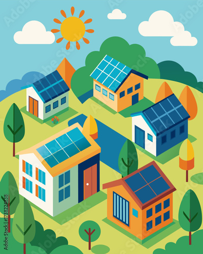 A lowincome housing complex benefits from reduced utility costs through their participation in a community solar garden making clean energy accessible to all.. Vector illustration