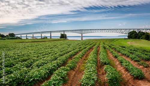 rows of potato plants in a prince edward island field with the confederation bridge in the distance