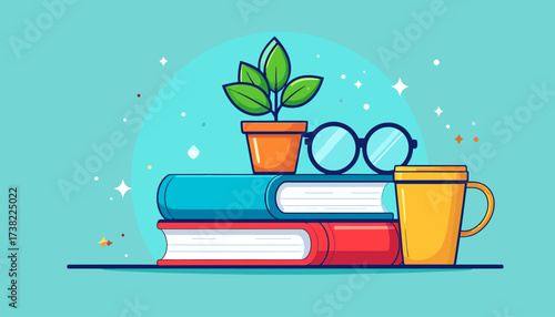 Reading Oasis A Cozy Scene of Books, Plants, and Relaxation in Minimal Flat Vector