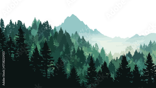 Majestic Green Forest Silhouette Against Mountain