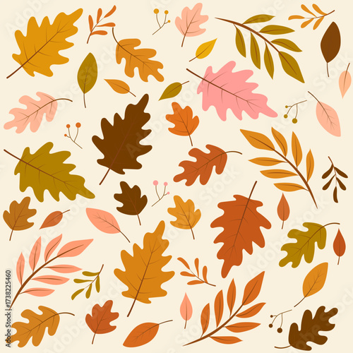 A set of autumn leaves of various colors and sizes. An autumn composition of stickers, decals, and hand-drawn leaf icons.
