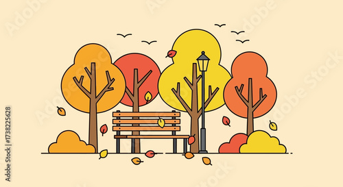 Autumnal Park Scene with Bench and Trees A Vector Illustration