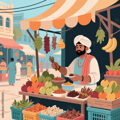 Vibrant Indian Market Scene with Vendor and Produce