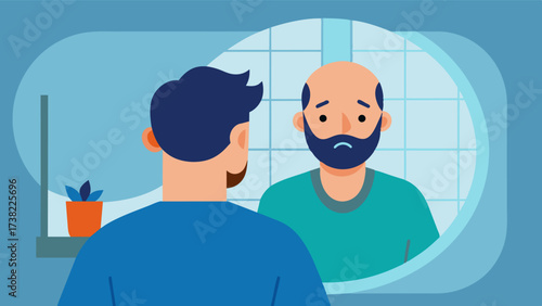 A man avoids looking at himself in the mirror after seeing a commercial for hair loss treatments feeling selfconscious and inadequate about his appearance.. Vector illustration