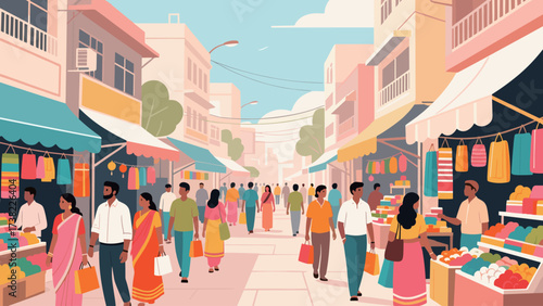 Busy Market Street Scene with People and Shops