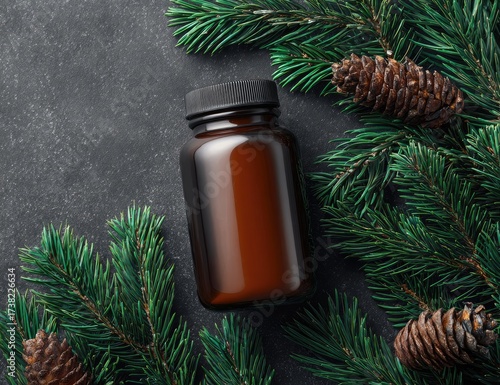 Dark brown pill bottle surrounded by evergreen sprigs and pine cones on a dark gray surface