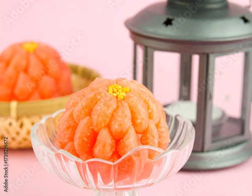 Pink sculpted fruit dessert in glass dish