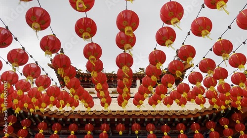 Traditional red lanterns decorate Thean Hou Temple in Kuala Lumpur, Malaysia, creating a vibrant festive scene