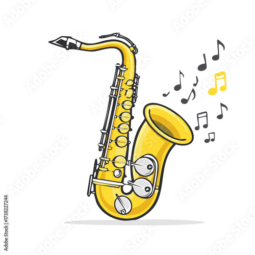 Golden saxophone playing music with flowing notes in a cartoon illustration style