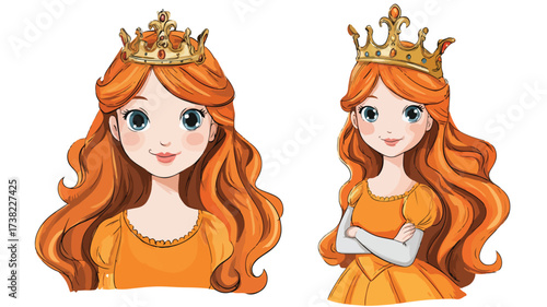 Enchanting Princess Girl Character with Elegant Royal Crown Cartoon Illustration
