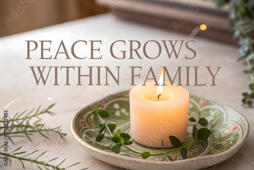 Glowing candle with flame on a decorated ceramic plate
