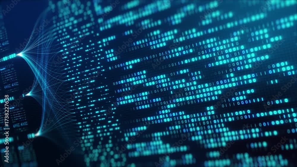 Neural Network Big Data Flow Visualization, Binary Code Matrix, AI Machine Learning Abstract Background, Quantum Computing, Cyber Security, Futuristic Technology Artificial Intelligence Digital Grid