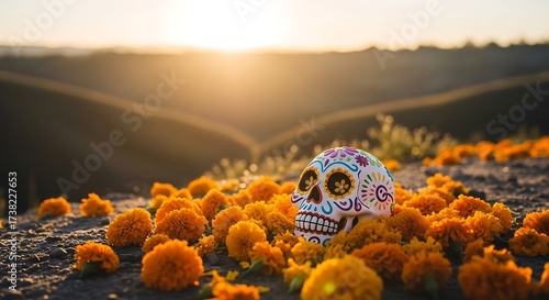 Colorful sugar skull and marigolds at golden hour, capturing the essence of Dia de los Muertos and Mexican cultural celebration.