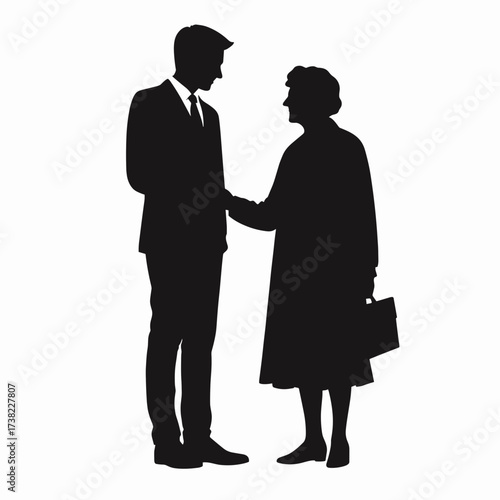 Bank employee consulting an elderly woman, depicted in a caring silhouette