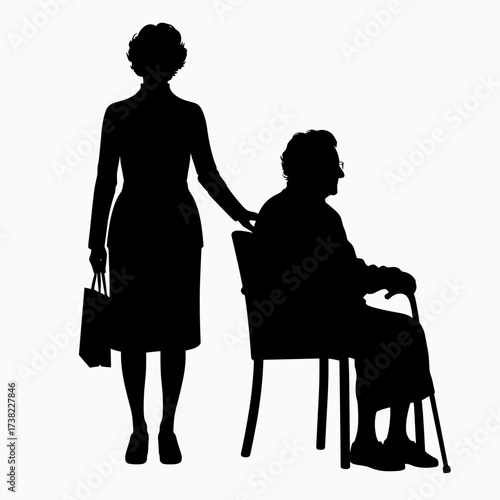 Social worker visiting an elderly woman sitting in a chair, showing care and compassion