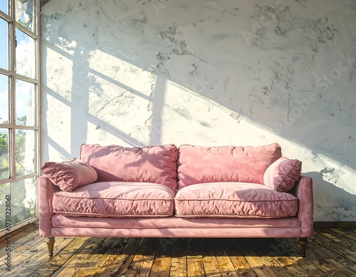 Pink sofa in a sunlit room