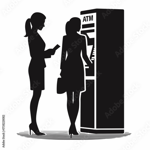 Two women using an ATM in silhouette against a neutral background  