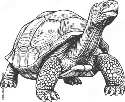 Detailed black and white illustration of tortoise walking, , engraving art, vintage style