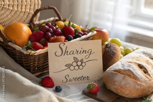 Basket of fresh fruits beside a handwritten sharing card