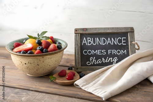 A bowl of fresh fruit with message board on a wooden table