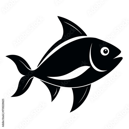Illustration of a black fish with fins and a tail swimming to the right on a white background