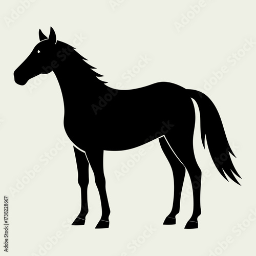 Silhouette of a horse standing still with a flowing mane and tail against a light background in vector format