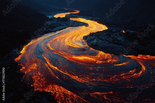 Fiery lava river flowing through a dark, volcanic valley