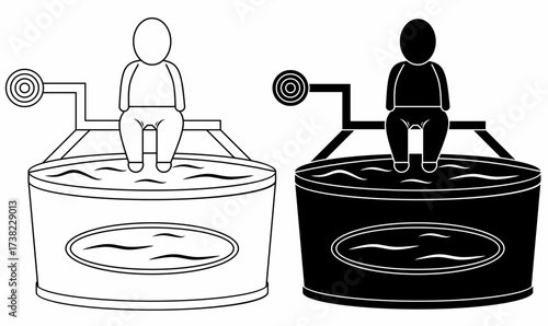 Vector illustration of dunk tank or dunking booth or dunking machine game with a human figure sitting above water, shown in outline and silhouette style, ideal for carnival, fair, amusement