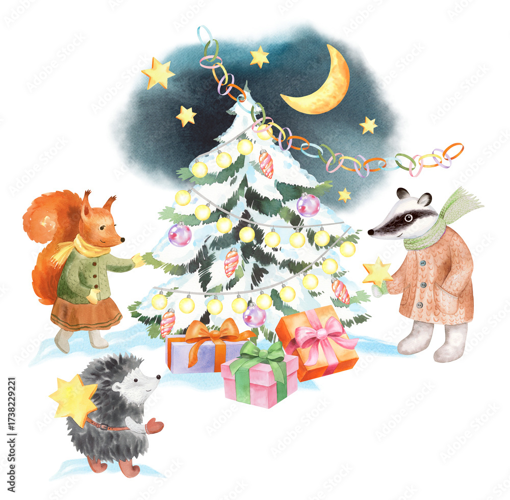 Fototapeta premium Animals decorate the christmas tree. Watercolor illustration. For fabric, wallpaper, packing paper, greeting cards, design, decoration and illustration.