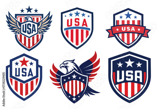 USA patriotic flag and eagle shield badge vector icon illustration design for vintage sport label or emblem