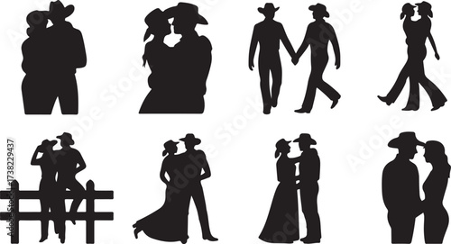Cowboy and Cowgirl Silhouettes in Various Romantic Poses couple romance