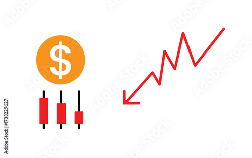 PrintDollar Financial market loss concept. Stock market trading with candlestick chart, dollar sign, and red trend line graph showing market fluctuations. Illustrator vector file high resolution photo
