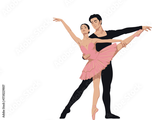 Illustration of ballet dancers performing together, isolated on white background
