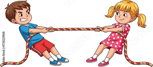 Children play tug of war, a symbol of conflict, competition, and teamwork, isolated on a white background