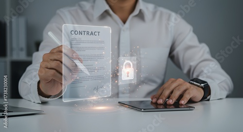 Professional securing a digital business contract with advanced e-signature technology, emphasizing data privacy and modern legal compliance