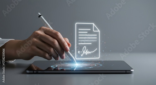 Businessperson electronically signing a digital contract with a stylus on a tablet. Concept of e-signing, paperless agreement, and modern technology