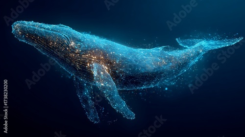 Glowing whale swims gracefully in the deep ocean with shimmering lights