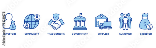 Stakeholder icon set illustration illustration concept with icon of investors, community, trade unions, government, supplier, customer, creditor 