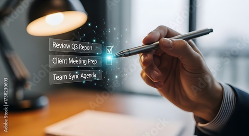 Businessman using a futuristic digital interface to check off a virtual task list for project management and efficiency