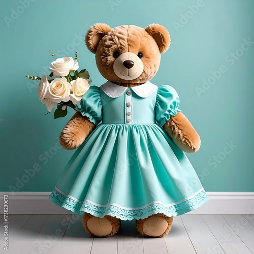Teddy bear in teal dress holding flowers