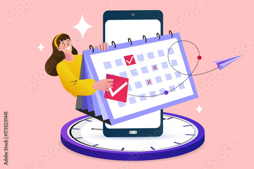 Schedule planning and time management concept. A woman with a calendar and a clock uses a mobile app for booking events and organizing her agenda. Vector illustration for productivity.